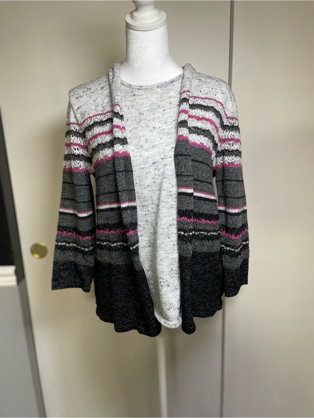 Alfred Dunner Gray and Pink Striped Open Cardigan